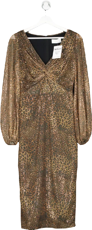 Fenn Wright Manson Brown Sequin Mesh Animal Print Midi Dress UK 8