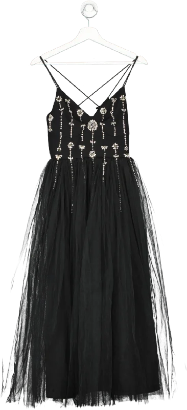 Karen Millen Black Crystal Embellished Tulle Midi Dress UK 6