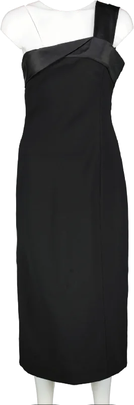 Victoria Beckham Black One Shoulder Satin Trimmed Crepe Midi Dress UK 12