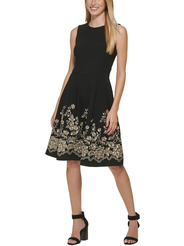 Petites Womens Embroidered Mini Fit & Flare Dress