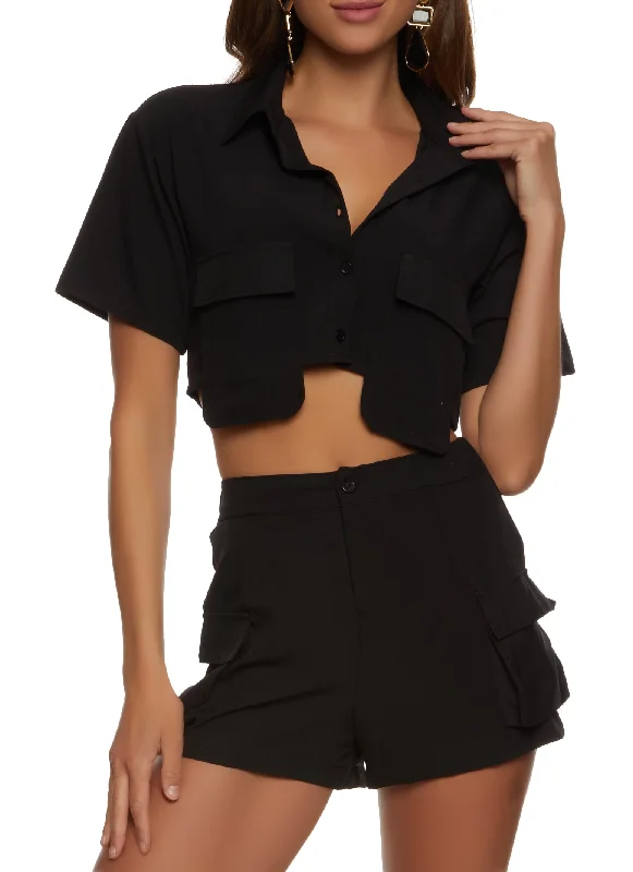 Crepe Knit Cargo Pocket Cropped Shirt