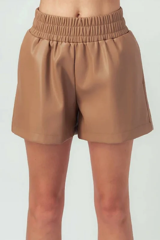 Aly Faux Leather Shorts In Camel