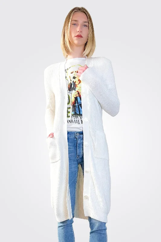 Cotton Cashmere Belted Ribbed Cardigan - White