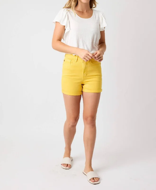 Women's High Waist Tummy Control Garment Dyed Shorts In Yellow