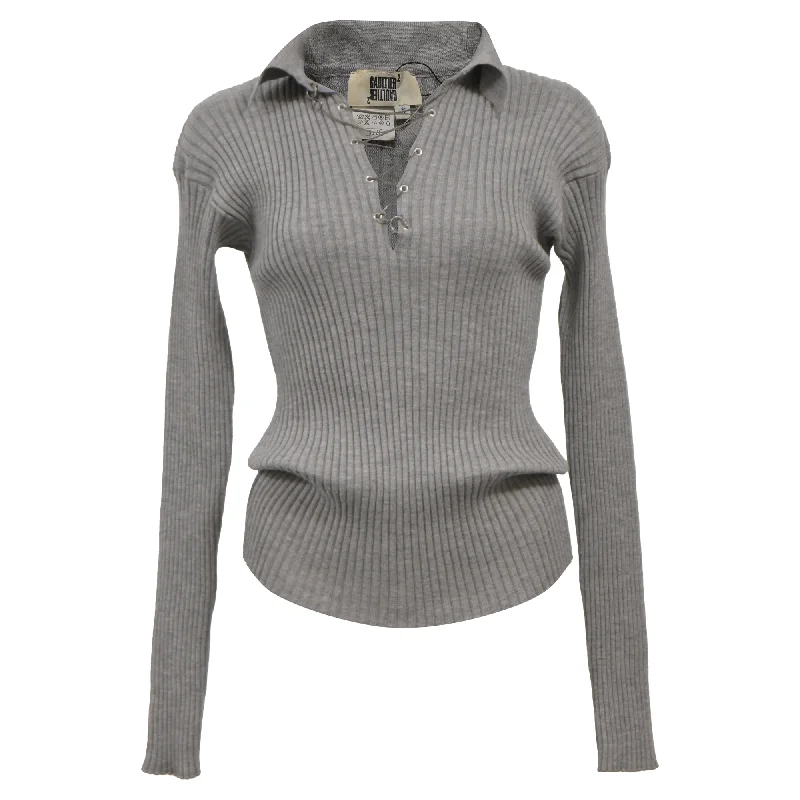 Jean Paul Gaultier Ribbed Knit V-Neck With Tie Sweater in Grey Wool