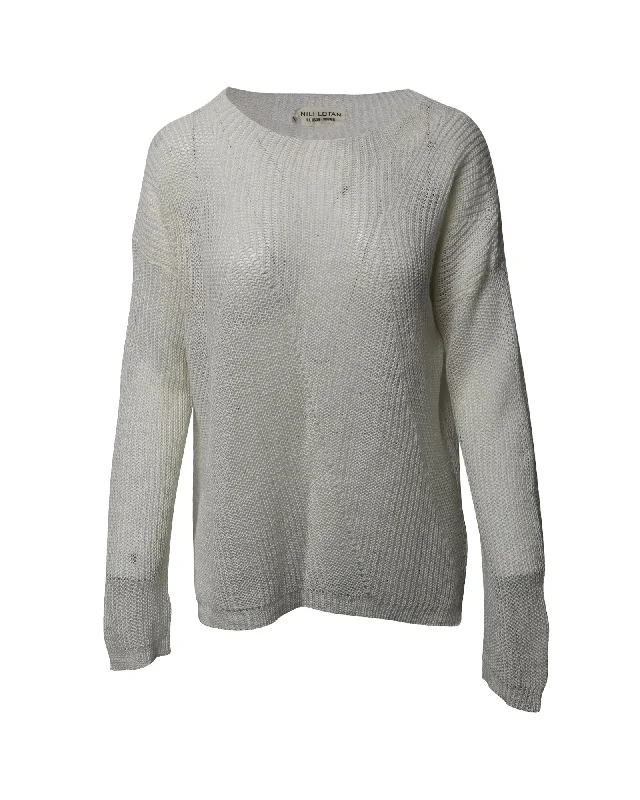 Nili Lotan Knitted Mesh Sweater in White Linen