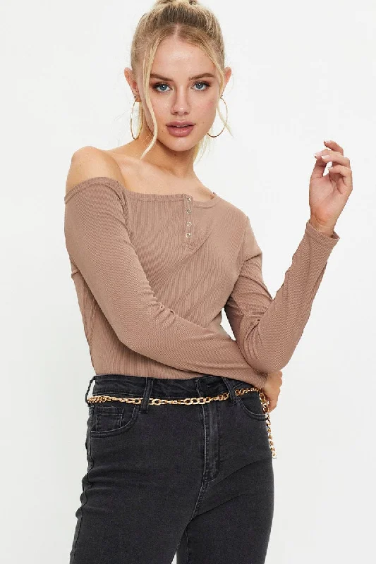 Brown Snap Button Off Shoulder Knit