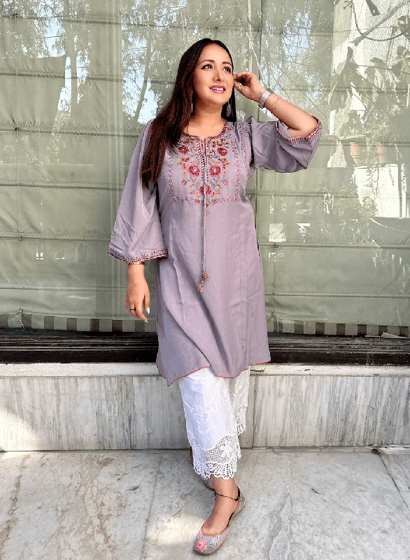 Lavender A-line Kurti with Floral Embroidery