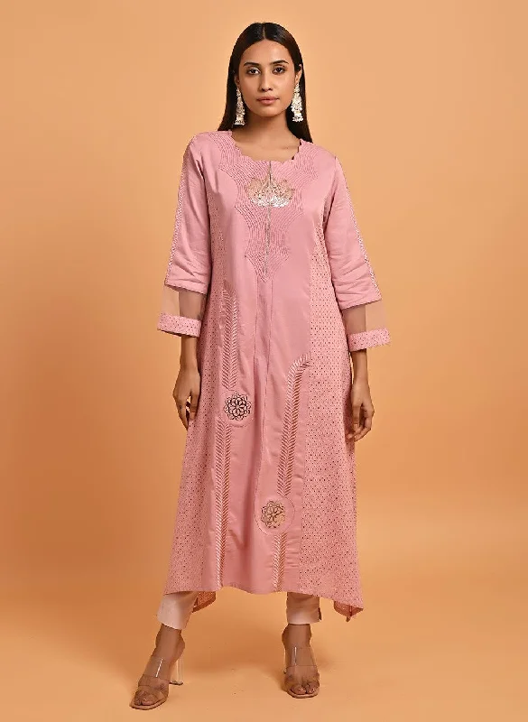 Pink Embroidered Cotton Kurta with 3/4th Sleeves and Asymmetrical Hem