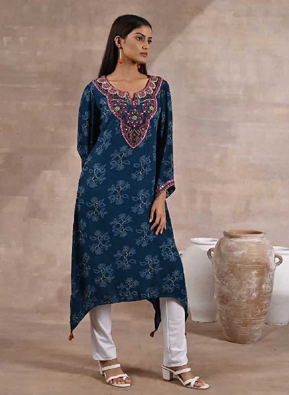 Teal Floral Print Dhaage Collection Kurta With Embroidery