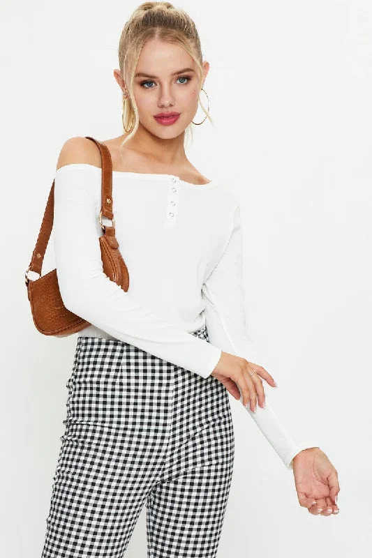 White Snap Button Off Shoulder Knit