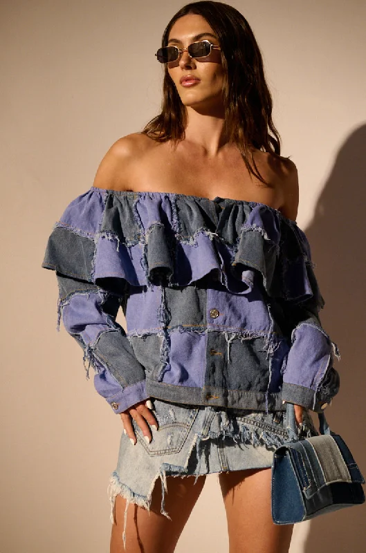 OFF SHOULDER PATCHWORK DENIM JACKET