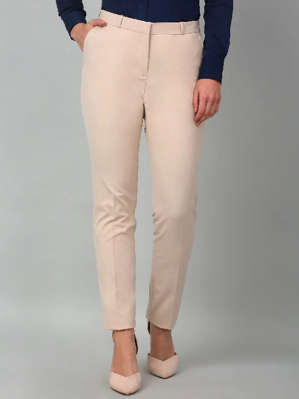 Women's Formal Flat Front Light Fawn Full length Mid rise Trousers