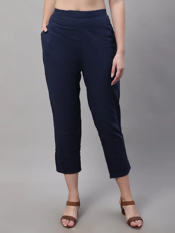 Women's Casual Regular Fit Navy Blue Flat Front Mid rise Ethnic Pant