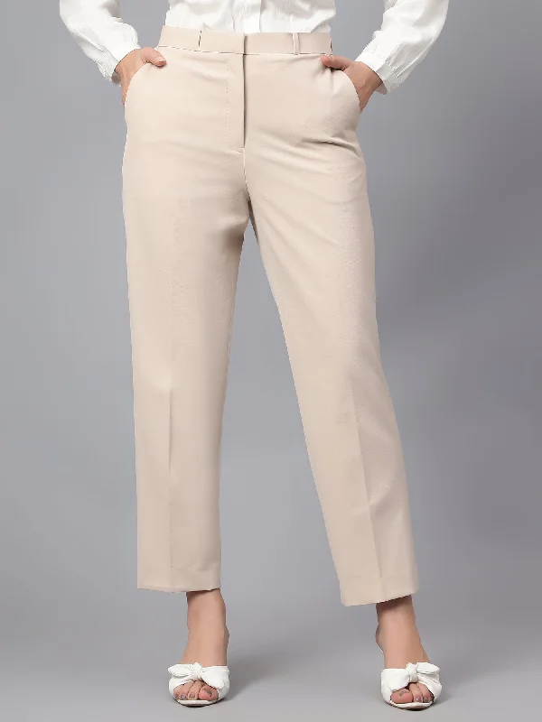 Women's Formal Flat Front Beige Full length High rise Trousers