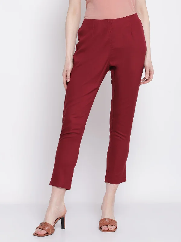 Women's Regular Slim Fit Wine Flat Front Mid rise Ethnic Pant