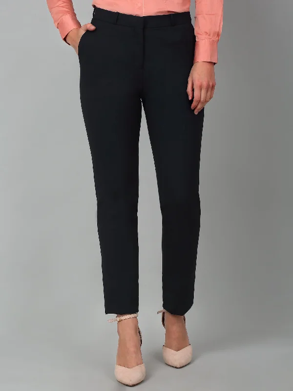 Women's Formal Flat Front Navy Blue Full length Mid rise Trousers